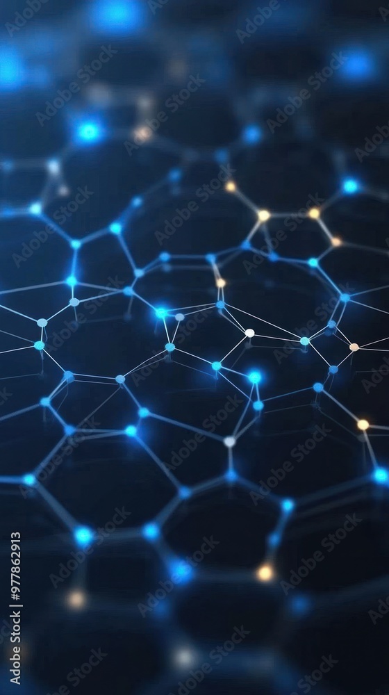 Poster a visual display of glowing blue and yellow nodes interconnected in a hexagonal network against a da