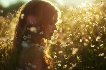 Woman enjoying the beauty of nature in a field of wildflowers during golden hour sunset