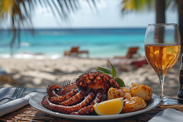 Savor the flavor of grilled octopus paired with seaside views, fresh lemon, and a chilled drink on a sunny beach