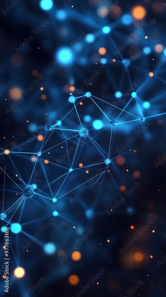 Poster the visual displays a network of luminous nodes and connections representing technology and data flo