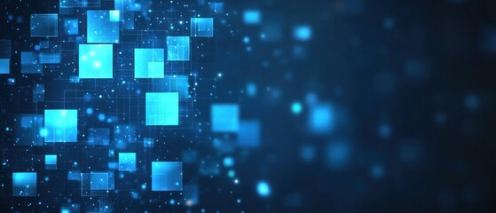 Glowing blue squares scatter across a dark background, creating an abstract and modern digital atmosphere