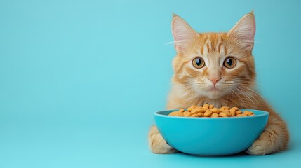 An orange cat sits in front of a bowl of kibble, looking intently at the camera against a turquoise backdrop