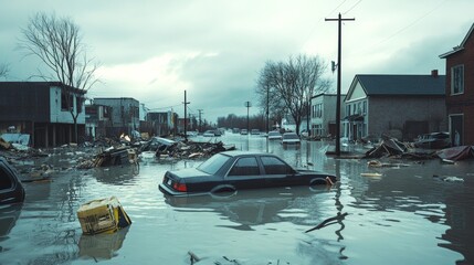 Flooded City Street with Submerged Cars and Debris