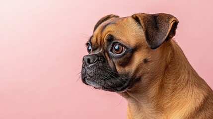 Fototapeta premium A pug mix dog with expressive eyes gazes thoughtfully at something off-camera against a pastel pink backdrop
