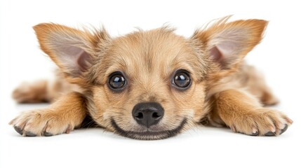 Obraz premium The small dog relaxes on a white surface, displaying its big dark eyes and fluffy fur in a playful manner
