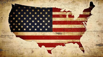 A textured map of the United States features a vintage American flag, blending national pride with artistic flair