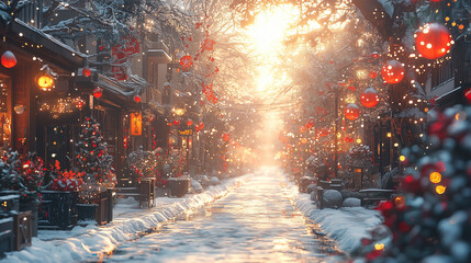 Street of a modern city. Morning. Snow and winter decorations.