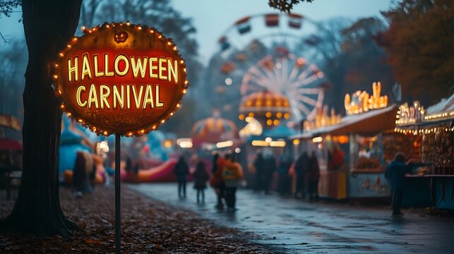 Halloween - festival - rides  - sign that reads &ldquo;HALLOWEEN CARNIVAL&rdquo; - kids walking by cars - candy - costumes - festival - fall - autumn 