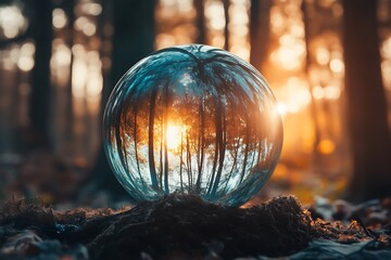 Fototapeta premium Glass ball reflecting forest and sunset, lens ball, nature photography, dreamy, artistic