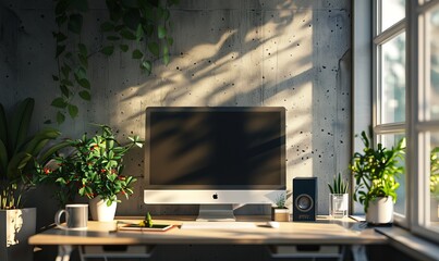 Modern office interior with work desk and window. Mock up wall