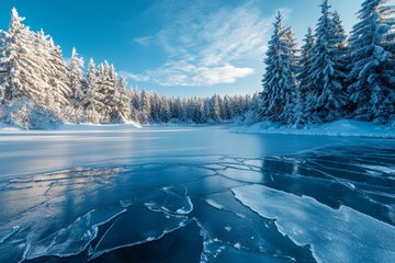 Winter wonderland  a scenic frozen lake with ice cracks amidst snowy trees and a blue sky