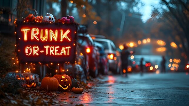 Halloween - trick or treat - sign that reads &ldquo;TRUNK-OR-TREAT&rdquo; - kids walking by cars - candy - costumes - festival 