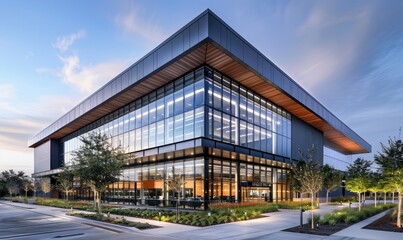 Modern sleek warehouse and office building exterior architecture