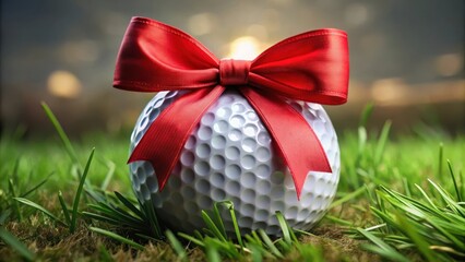 Golf ball tied with a red bow, perfect gift for golf enthusiasts or holiday season