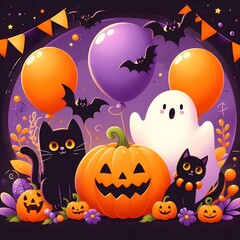 Halloween illustration featuring ghosts, pumpkins, black cats, and decorations against a night sky