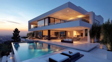 Fototapeta premium Modern villa with swimming pool overlooking the coastline on a sunny day