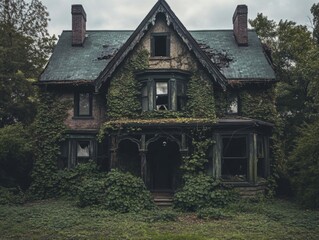 Overgrown Victorian House with a Decaying Roof and Ivy