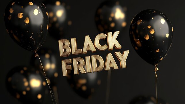 Vibrant text featuring the words Black Friday in golden letters surrounded by black balloons, set against a dramatic black background with a vintage 1920s style