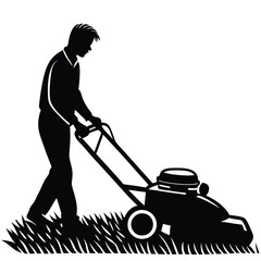 Silhouette of a Young Man Mowing the Lawn: A Simple Outdoor Scene
