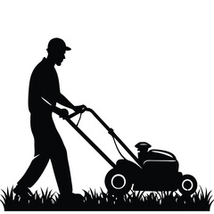 Silhouette of a Young Man Mowing the Lawn: A Simple Outdoor Scene