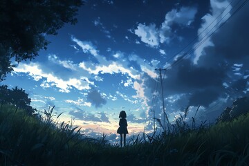 Fototapeta premium Silhouette of a girl gazing at the clouds in a dreamy evening sky.