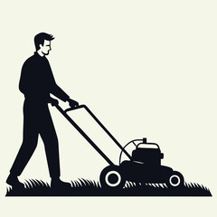 Silhouette of a Young Man Mowing the Lawn: A Simple Outdoor Scene