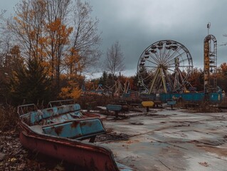 Abandoned Amusement Park with Ferris Wheel and Rusted Rides
