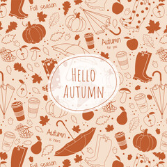 Hello Autumn banner or card template. Fall background with umbrella, rubber boots, pumpkin, leaves. Vector illustration