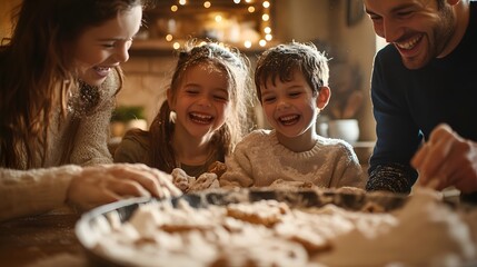 Parents and children baking cookies in a warm cozy kitchen flour dusting their clothes as they laugh.