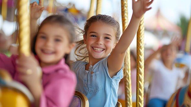 Parents and children attending a local carnival kids riding the carousel while parents wave and smile from the side.