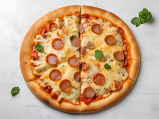 delicious cheesy pizza with attractive artificial look in a white board
