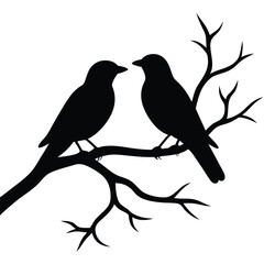 Obraz premium a black silhouette of two birds perched on a tree branch. The tree appears to be bare with no leaves, and the birds are facing each other 