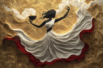 Minimalist Durga Puja Banner with Paper-Cut Dhunuchi Dance Figure on Textured Golden Background