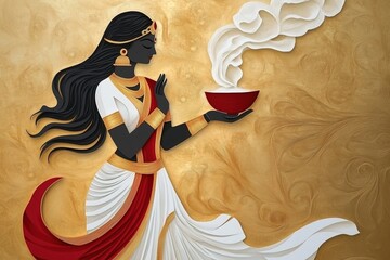 Minimalist Durga Puja Banner with Paper-Cut Dhunuchi Dance Figure on Textured Golden Background