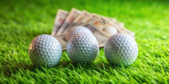 British pounds and golf balls on green grass background