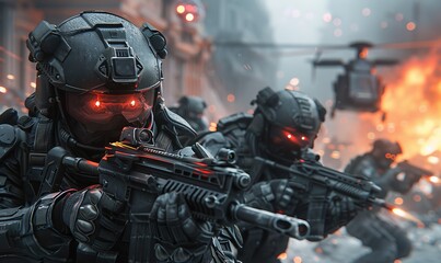 Fototapeta premium The elite soldiers of the resistance, Heavily armed and armored, Wearing night vision goggles,