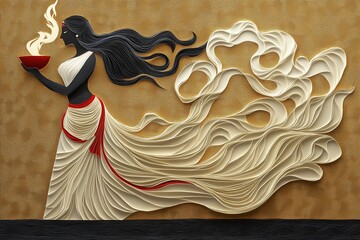 Minimalist Durga Puja Banner with Paper-Cut Dhunuchi Dance Figure on Textured Golden Background