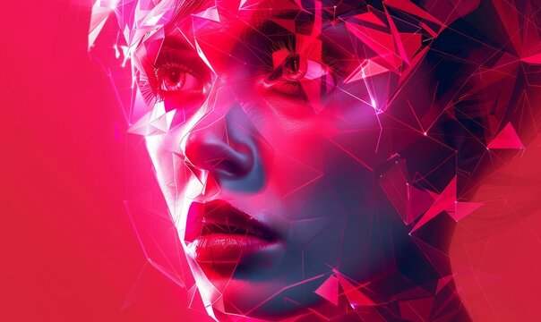 highly abstract polygonal art hollogram girl, futuristic cyberpunk style, neon, raw intense anger