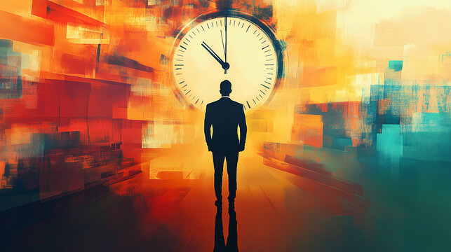 Man standing with clock exploding in the background