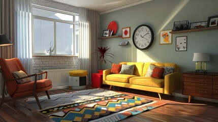 Cozy, modern living room with yellow sofa, colorful carpet, large window, and stylish decor, contemporary home design concept