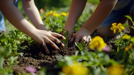 Parents and children planting flowers in the garden hands dirty with soil working together on a sunny day.