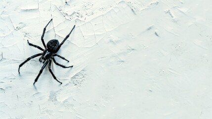 A realistic black spider crawls on a white textured wall, adding a creepy element to Halloween decorations. Banner with space for text. Halloween Halloween, spooky, haunted concept.