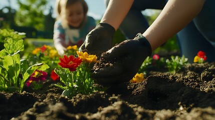 Fototapeta premium Parents and children planting flowers in the garden hands dirty with soil working together on a sunny day.