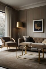 Interior design decoration, modern living room, comfortable sofa and cozy carpet. Generative AI.