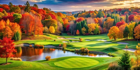 Scenic golf holes in the fall season with colorful foliage and autumn vibes