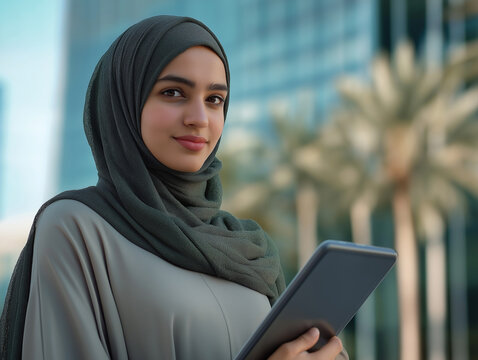 An arabic woman with hijab using a tablet pc in outdoors