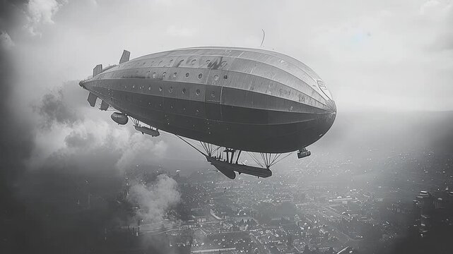 Intricate black and white video of a majestic airship sailing above calm waters under a cloudy sky