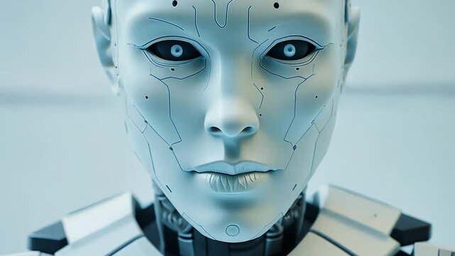 Lifelike female android robot with striking blue eyes poses elegantly in a high-tech lab, showcasing the seamless integration of technology and innovation in artificial intelligence and robotics