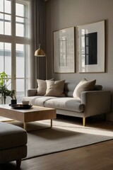 Interior design decoration, modern living room, comfortable sofa and cozy carpet. Generative AI.