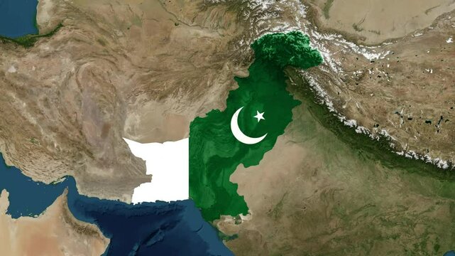 Zoom from Earth to Pakistan. (Country Flag) High quality world map animation with country borders highlighted. Images from NASA